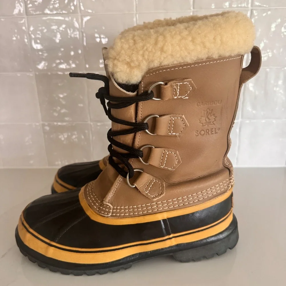 Sorel Caribou Winter Boots Women 6 Tan Waterproof Leather Shearling Fleece READ